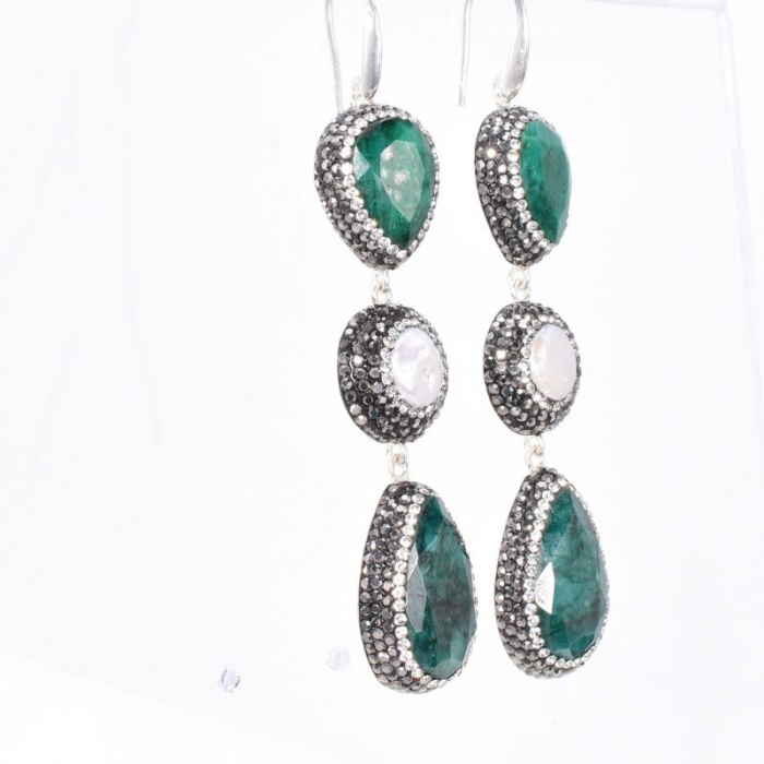 Cercei argint cu tortita 2 x smarald, perle, hematit, CZ [3]