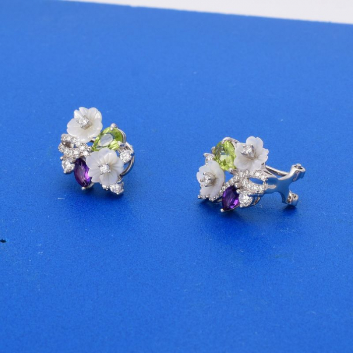 Cercei argint model floral cu sidef, ametist, peridot sI CZ [4]