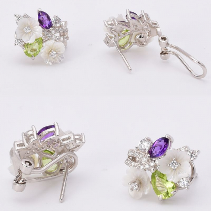 Cercei argint model floral cu sidef, ametist, peridot sI CZ [2]