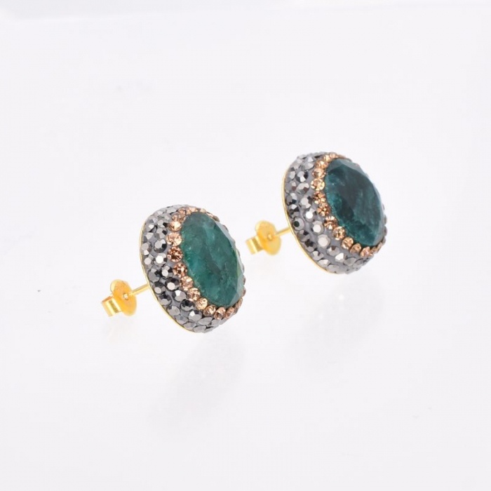 Cercei argint, placaj aur 14K, smarald natural, hematit, CZ [2]