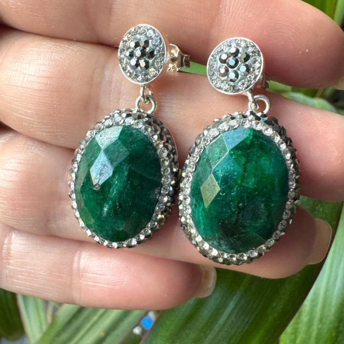 Cercei argint rodiat cu smarald fatetat oval, hematit, CZ [2]