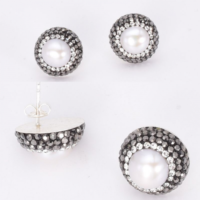 Cercei argint rotunzi cu perle de cultura, hematit, CZ [3]