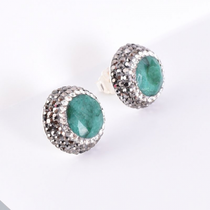 Cercei argint rotunzi, placaj rodiu, smarald, hematit, CZ [4]