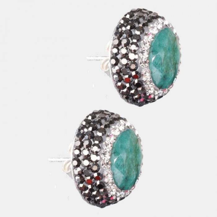 Cercei argint rotunzi, placaj rodiu, smarald, hematit, CZ [2]