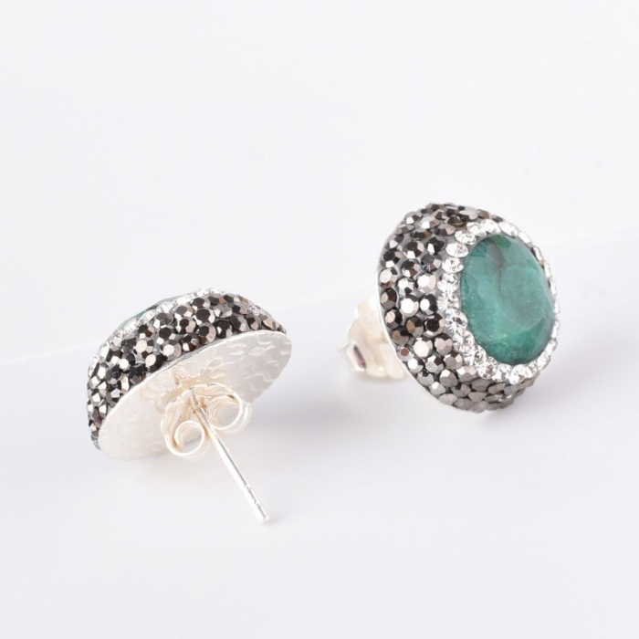 Cercei argint rotunzi, placaj rodiu, smarald, hematit, CZ [3]