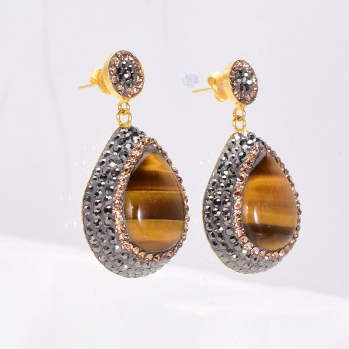 Cercei de argint cu ochi de tigru, hematit, CZ [3]