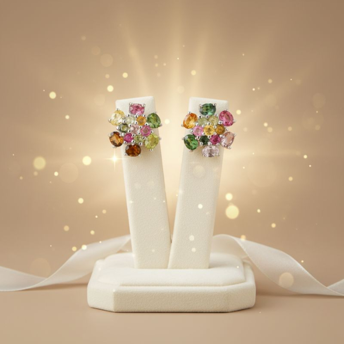 Cercei de argint cu turmalina multicolor, floral [4]