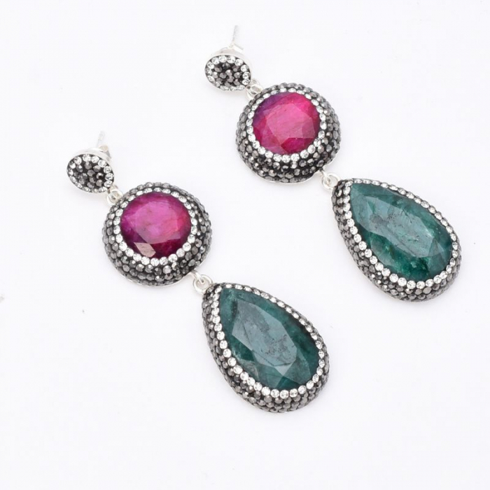 Cercei de argint cu rubin, smarald, hematit si CZ [3]