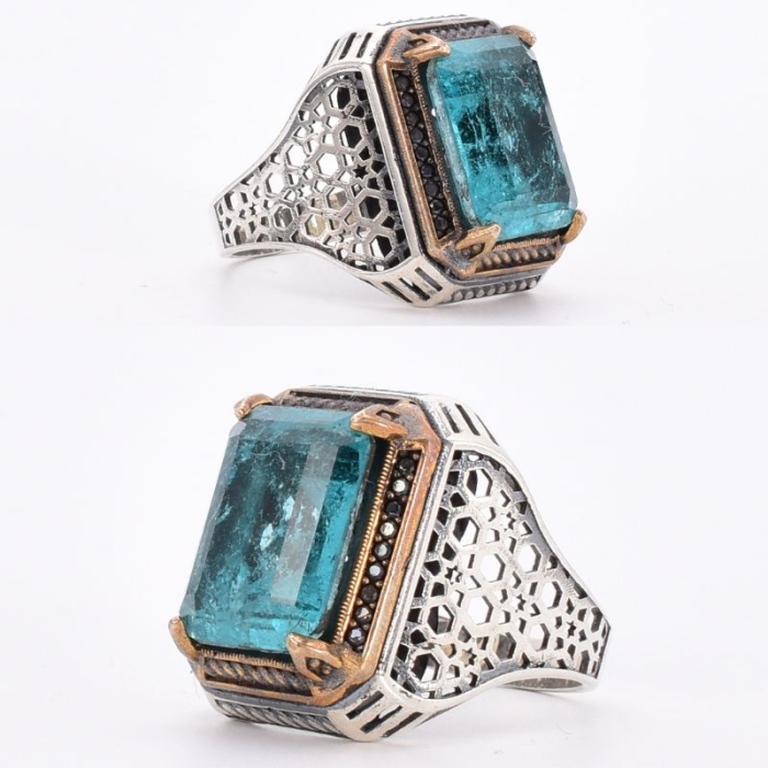 Inel argint barbatesc masiv cu apatit, stil vintage otoman [2]