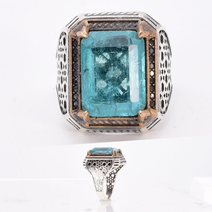 Inel argint barbatesc masiv cu apatit, stil vintage otoman [3]