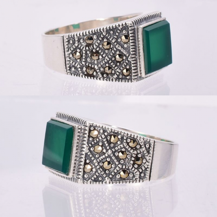 Inel argint barbati - agat verde, marcasite [2]
