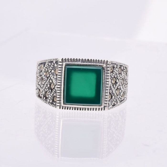 Inel argint barbati - agat verde, marcasite [3]