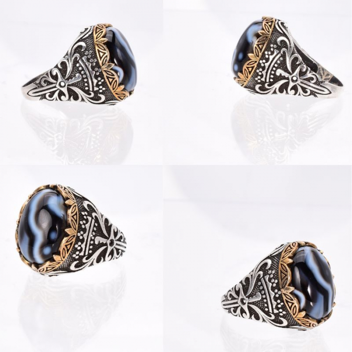 Inel argint barbati cu agat negru cu benzi [2]