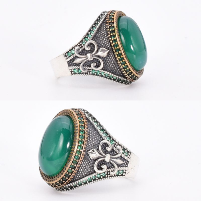 Inel argint barbati cu agat verde Fleur de Lis [2]