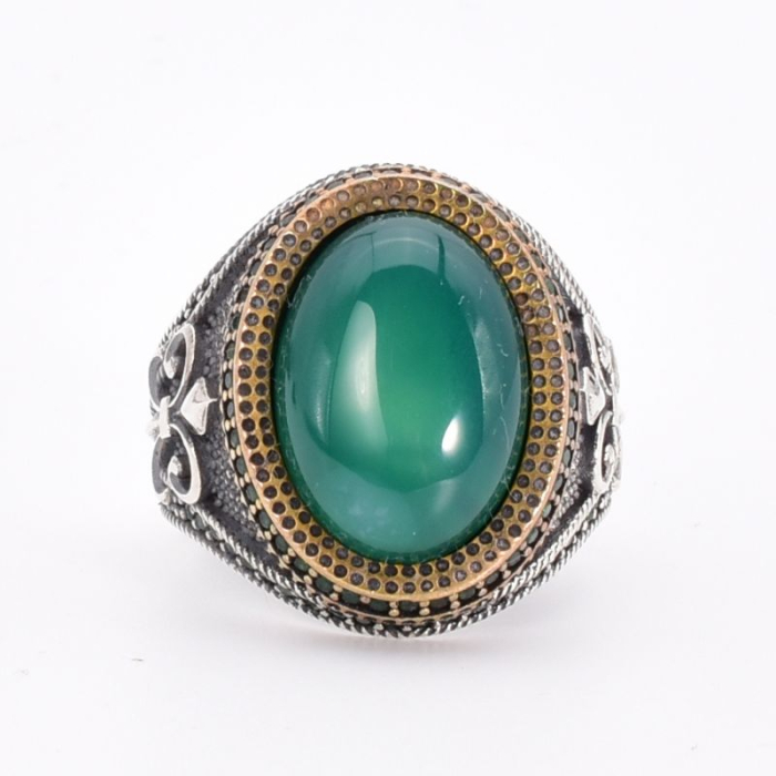 Inel argint barbati cu agat verde Fleur de Lis [4]