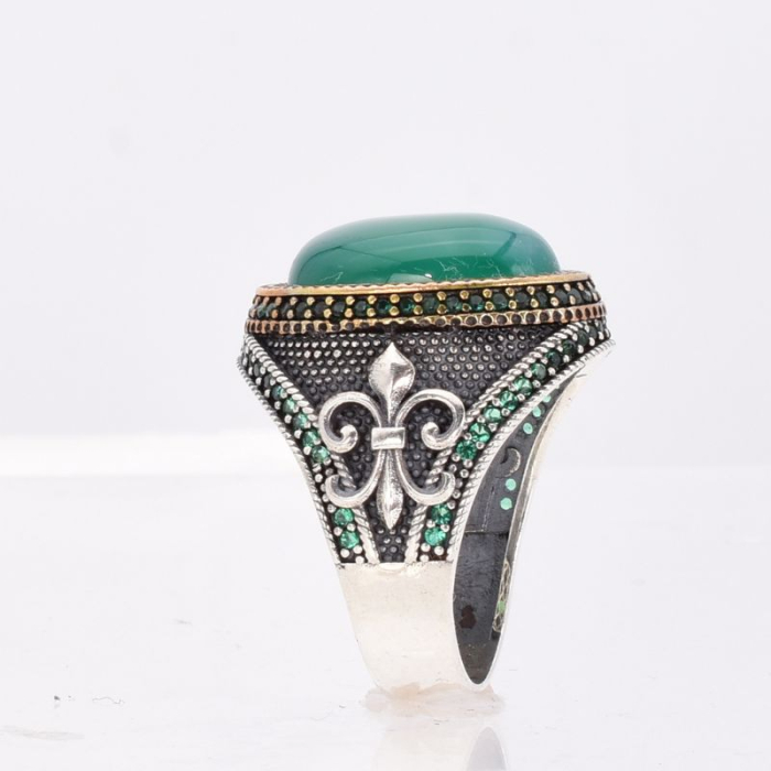 Inel argint barbati cu agat verde Fleur de Lis [3]