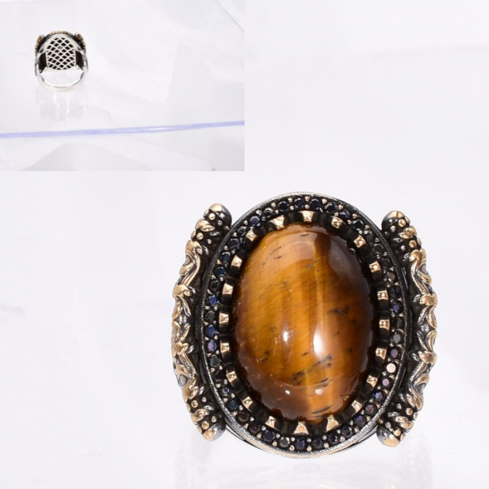 Inel argint barbati cu ochi de tigru si CZ Crucea Celtica [2]