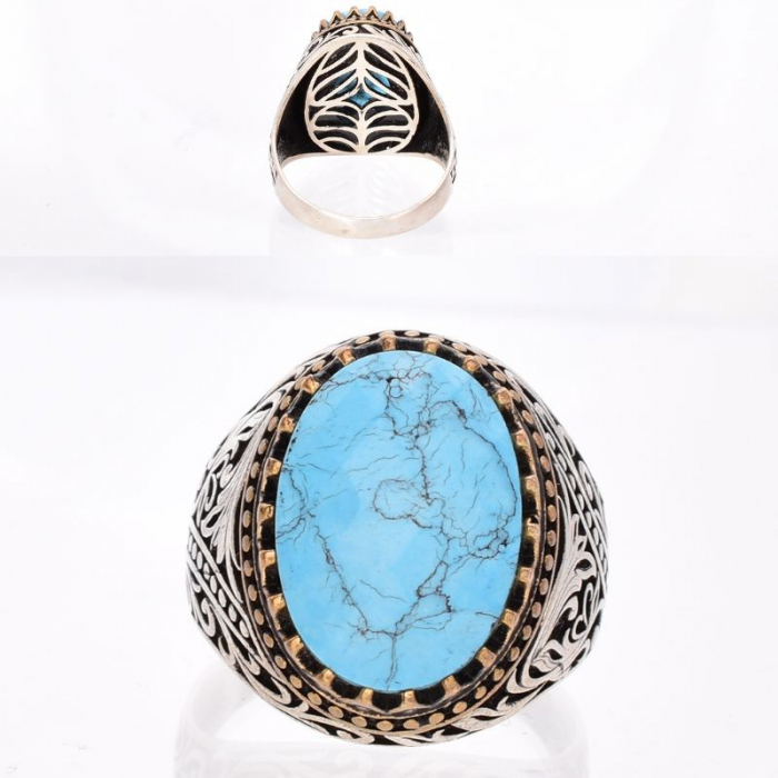 Inel argint barbati cu turcoaz reconstituit fatetat Izvorul Albastru [3]