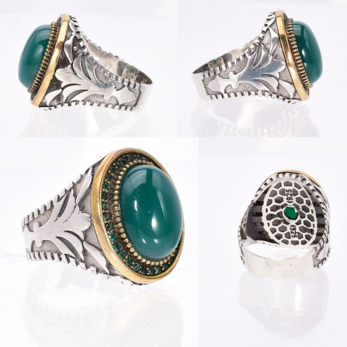 Inel argint barbati cu agat verde cab oval si CZ [2]