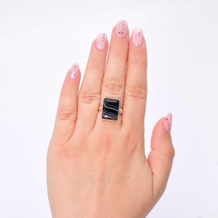 Inel argint cu agat negru cu benzi, dreptunghiular [3]