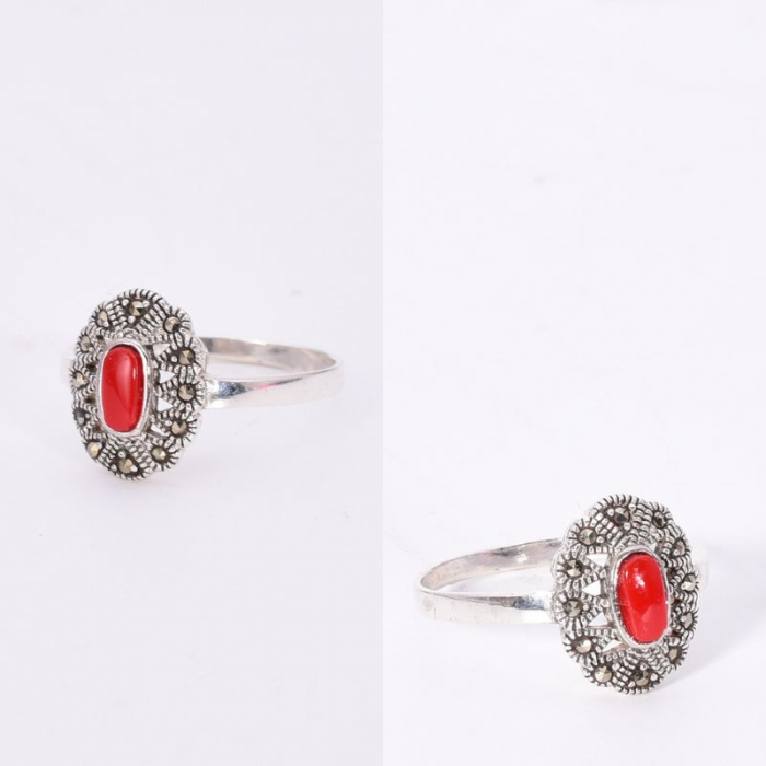 Inel argint cu pietre agat rosu si marcasite Lady in Red [2]