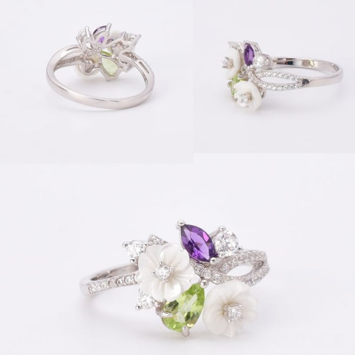 Inel argint floral cu sidef, peridot, ametist [3]