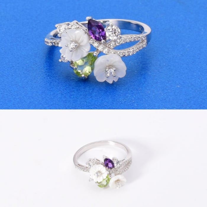 Inel argint floral cu sidef, peridot, ametist [4]