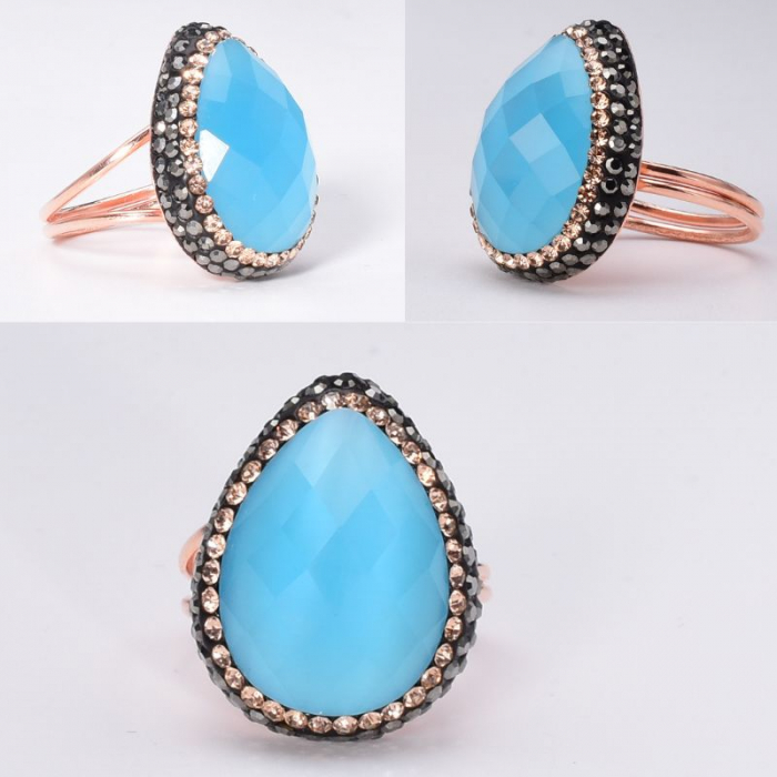 Inel argint reglabil aur roz, piatra ochi de pisica albastru [3]