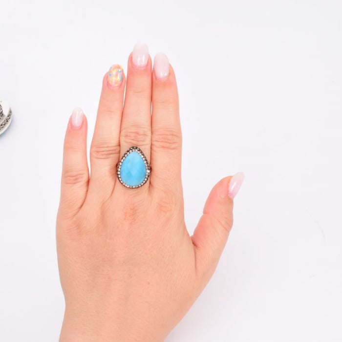 Inel argint reglabil aur roz, piatra ochi de pisica albastru [4]