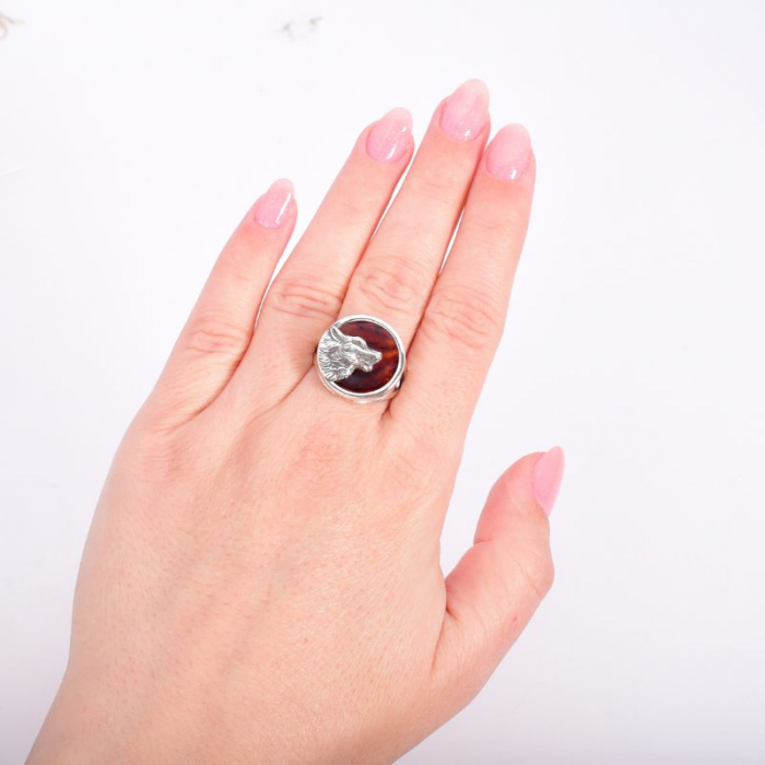 Inel argint reglabil cu chihlimbar Lupul Care Urla la Luna [3]