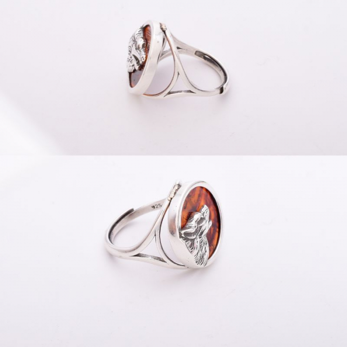 Inel argint reglabil cu chihlimbar Lupul Care Urla la Luna [4]