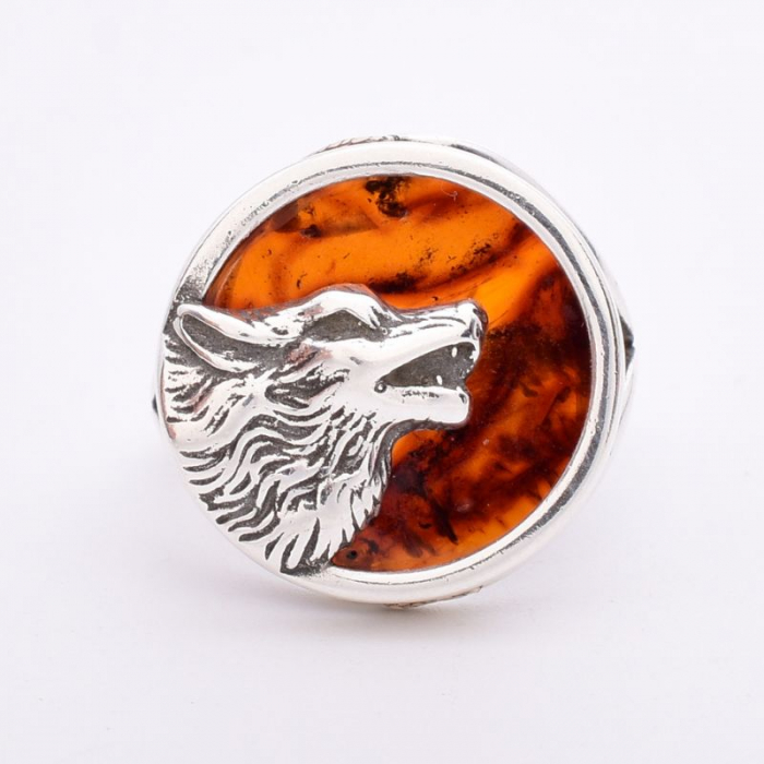 Inel argint reglabil cu chihlimbar Lupul Care Urla la Luna [2]