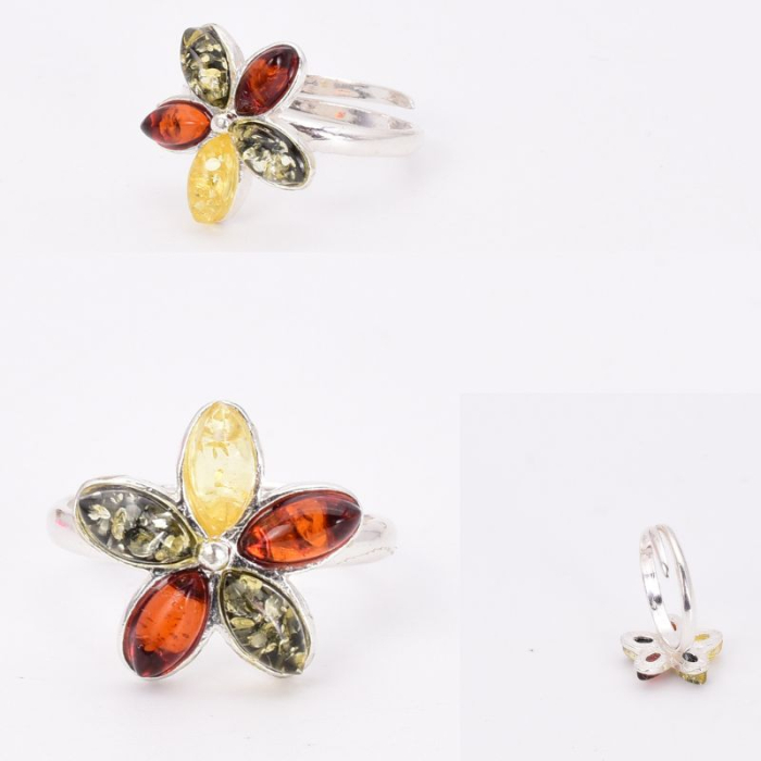 Inel argint reglabil cu chihlimbar, model floral [2]