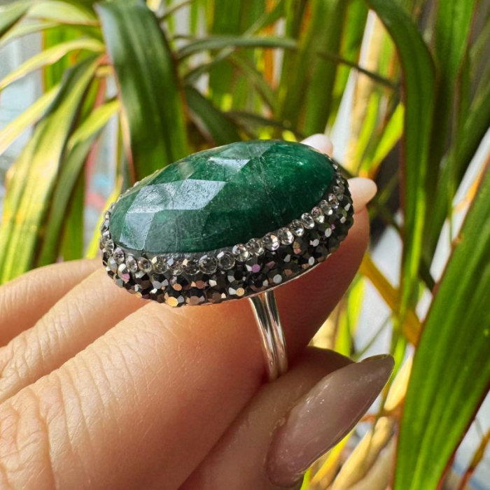 Inel argint reglabil cu smarald briolette oval, hematit, CZ [4]