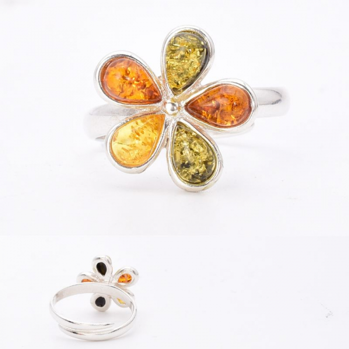 Inel argint reglabil Floare cu chihlimbar multicolor [4]