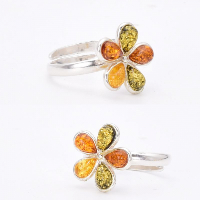 Inel argint reglabil Floare cu chihlimbar multicolor [3]