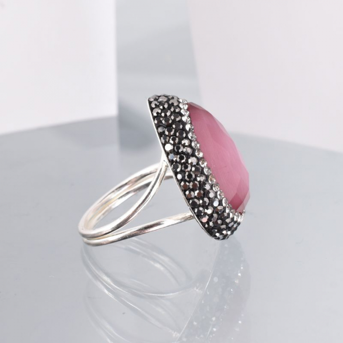 Inel argint reglabil piatra ochi de pisica roz, hematit, CZ [3]