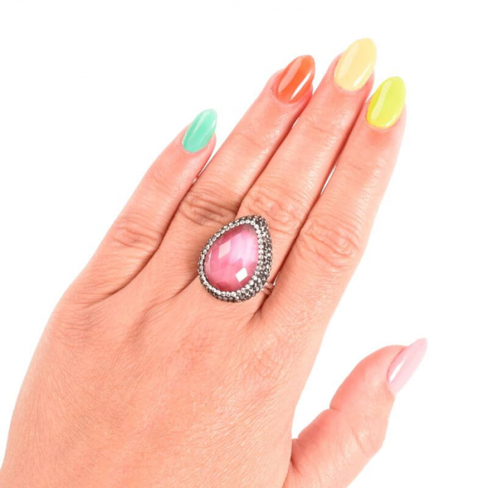 Inel argint reglabil piatra ochi de pisica roz, hematit, CZ [6]