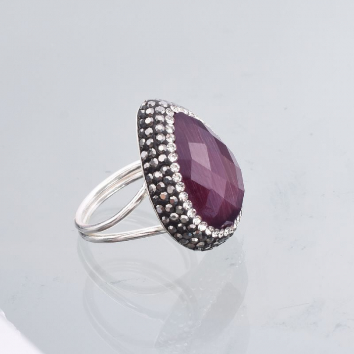 Inel argint reglabil cu piatra ochi de pisica violet, hematit, CZ [2]