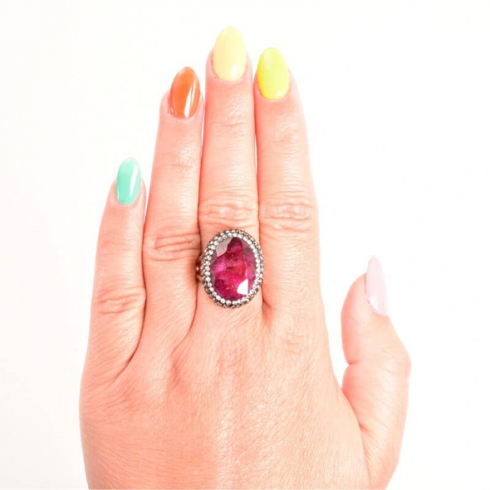 Inel argint reglabil cu pietre radacina rubin, hematit, CZ [3]