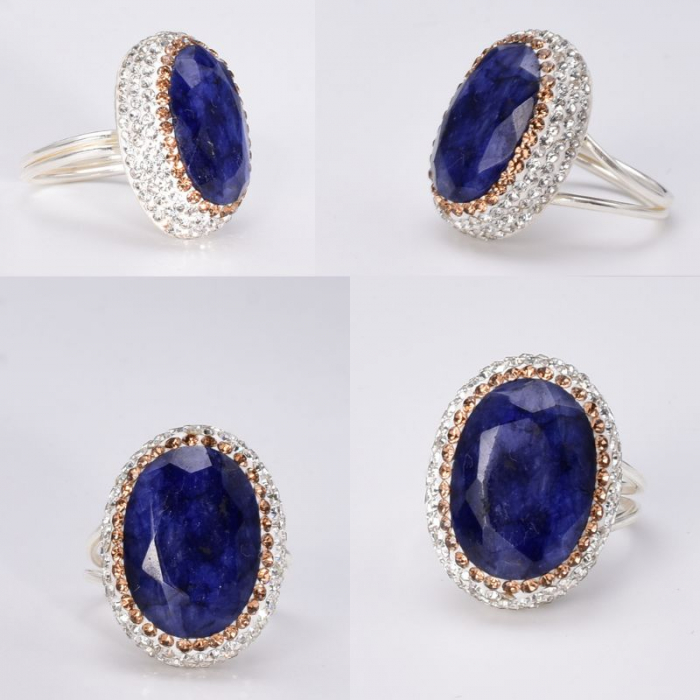 Inel argint reglabil - rodiu, piatra safir albastru oval, CZ [2]