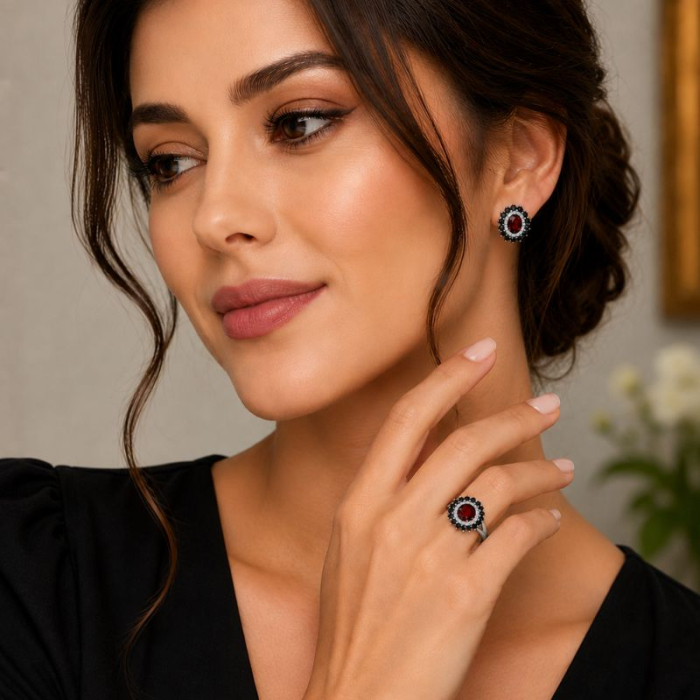 Inel de argint cu granat, spinel negru, CZ alb [3]