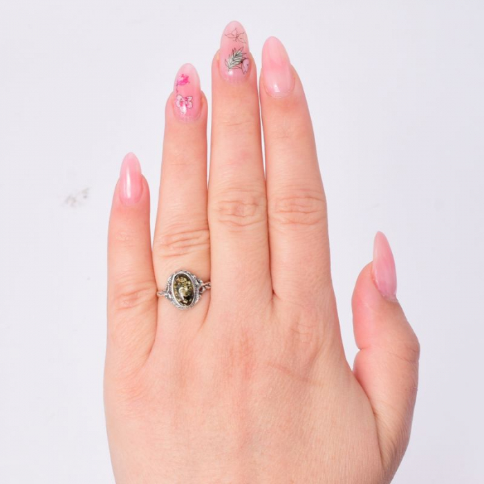 Inel de argint cu piatra chihlimbar verde Aurora Boreala [4]