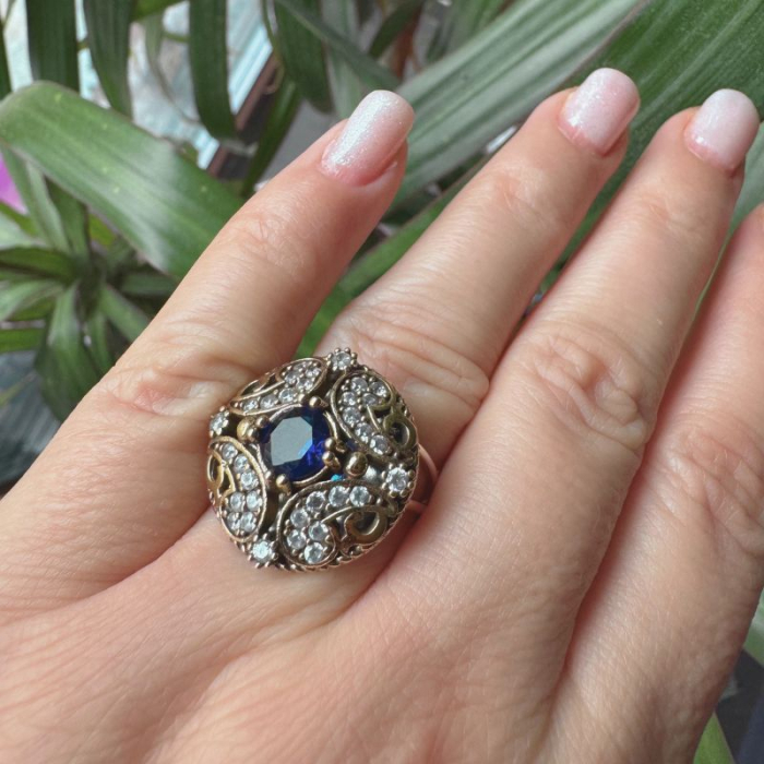 Inel de argint reglabil rotund cu CZ albastru, alb [2]