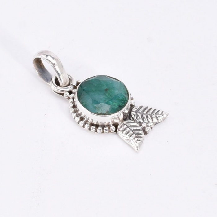 Pandantiv argint cu smarald rotund, model frunze [4]