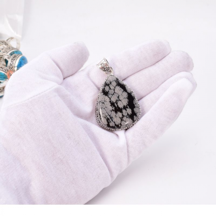 Pandantiv argint filigran cu obsidian fulg de nea forma para [2]