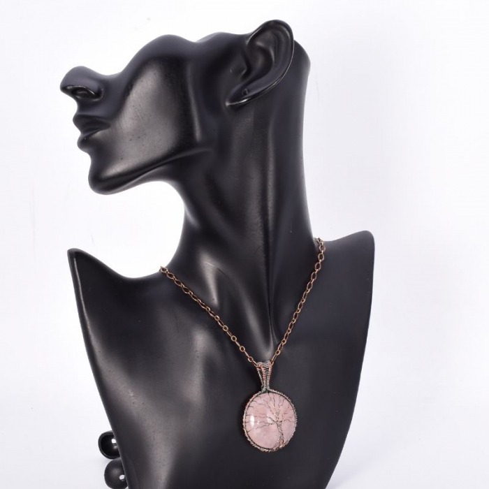 Pandantiv cupru rotund cuart roz Copacul Vietii [2]