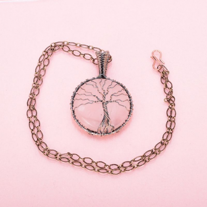 Pandantiv cupru rotund cuart roz Copacul Vietii [4]