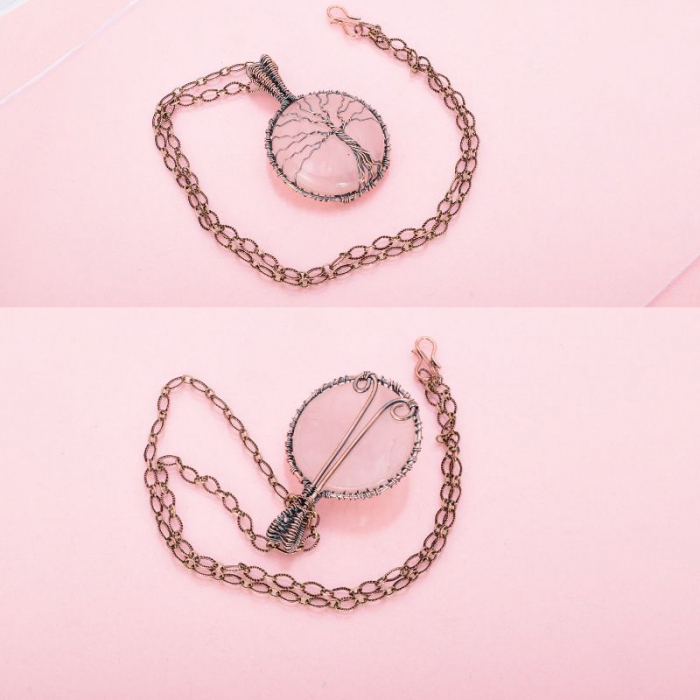 Pandantiv cupru rotund cuart roz Copacul Vietii [5]