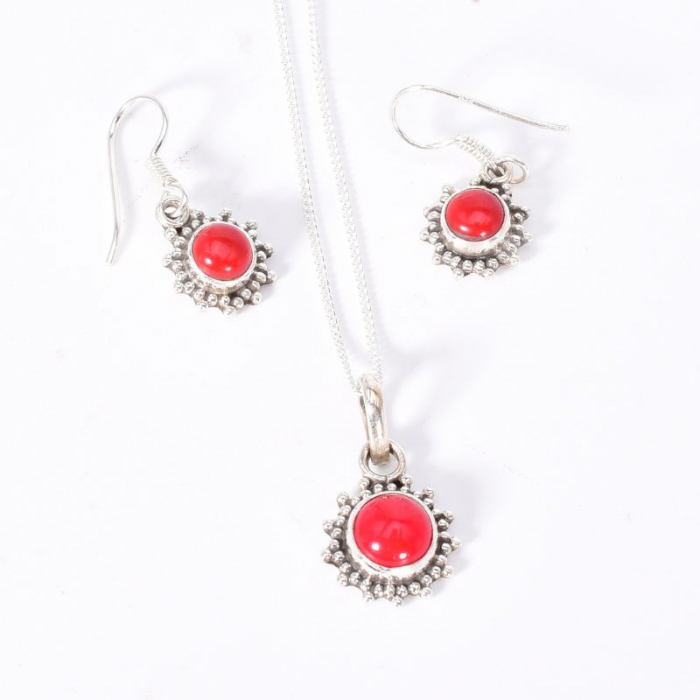 Set argint coral rosu - cercei, pandantiv, lantisor [3]